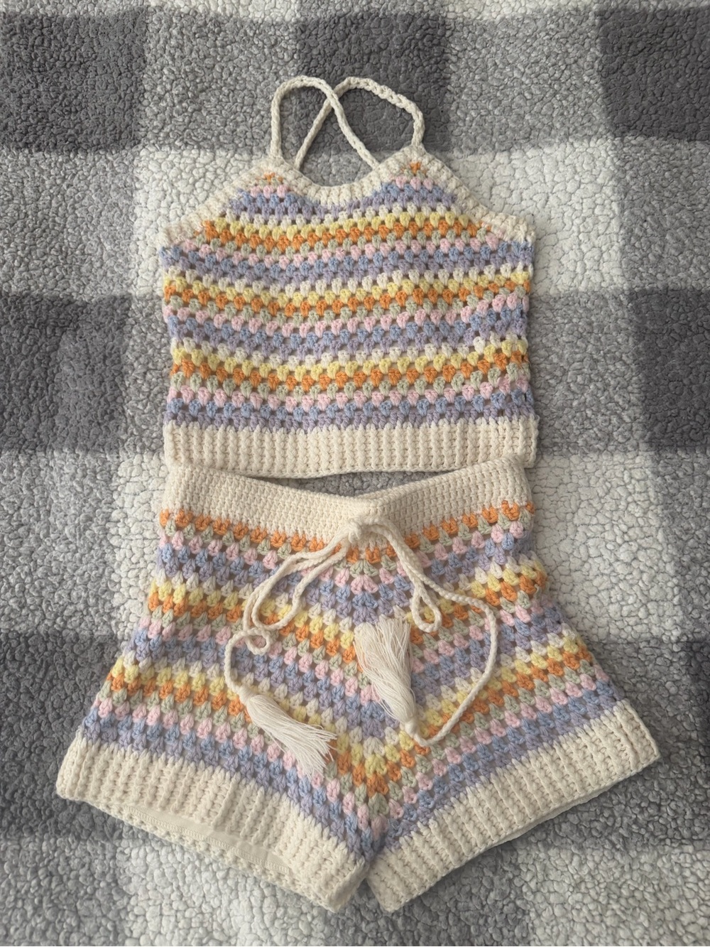 Crochet Pastel Two Piece Halter Top and Shorts